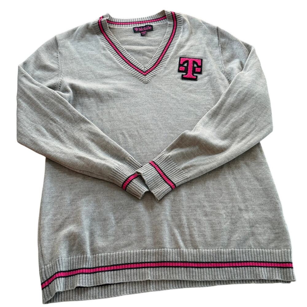 T-Mobile Corporate Employee V-Neck Wool Sweater - Gray/Magenta Medium